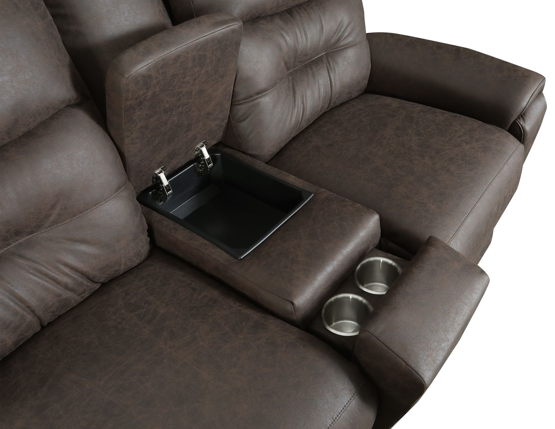 A brown leather theater sofa with an open storage compartment and two cup holders in the center console.