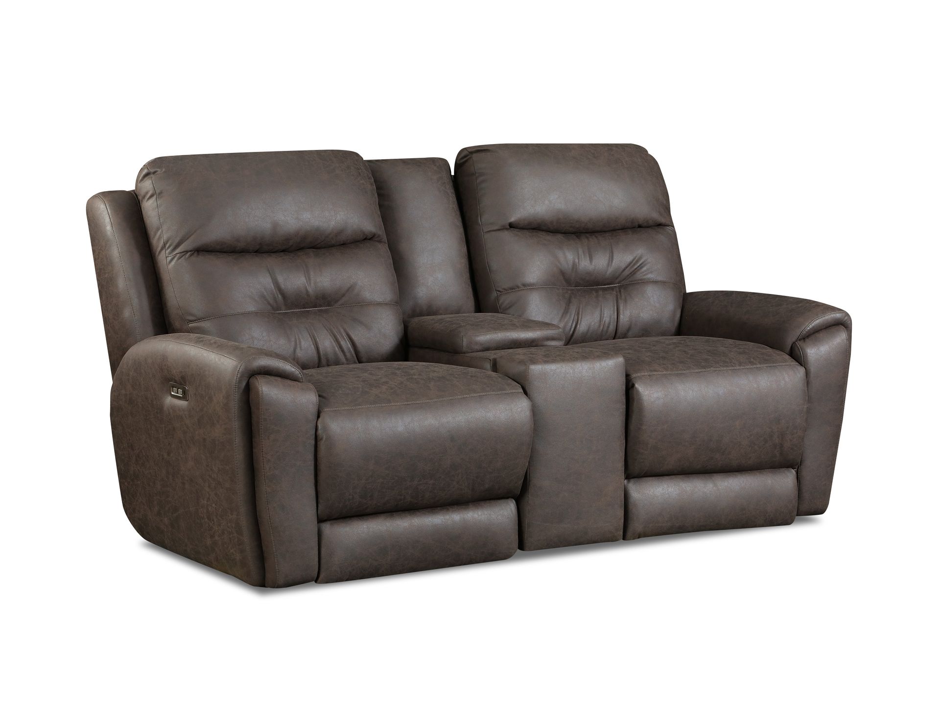 A brown, two-seat reclining loveseat with a center console, set against a plain white background.