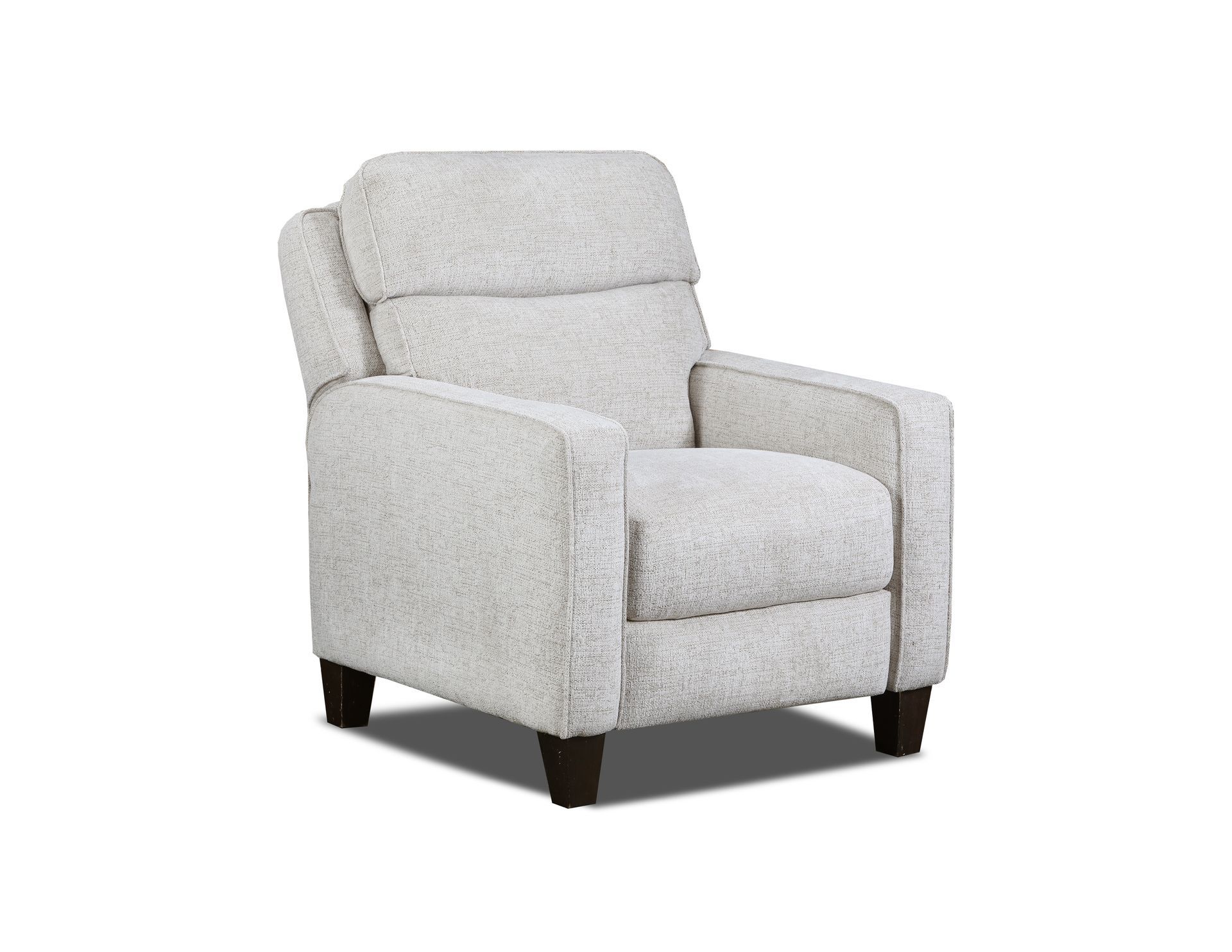 A light-colored, textured fabric recliner chair with dark wooden legs against a plain white background.