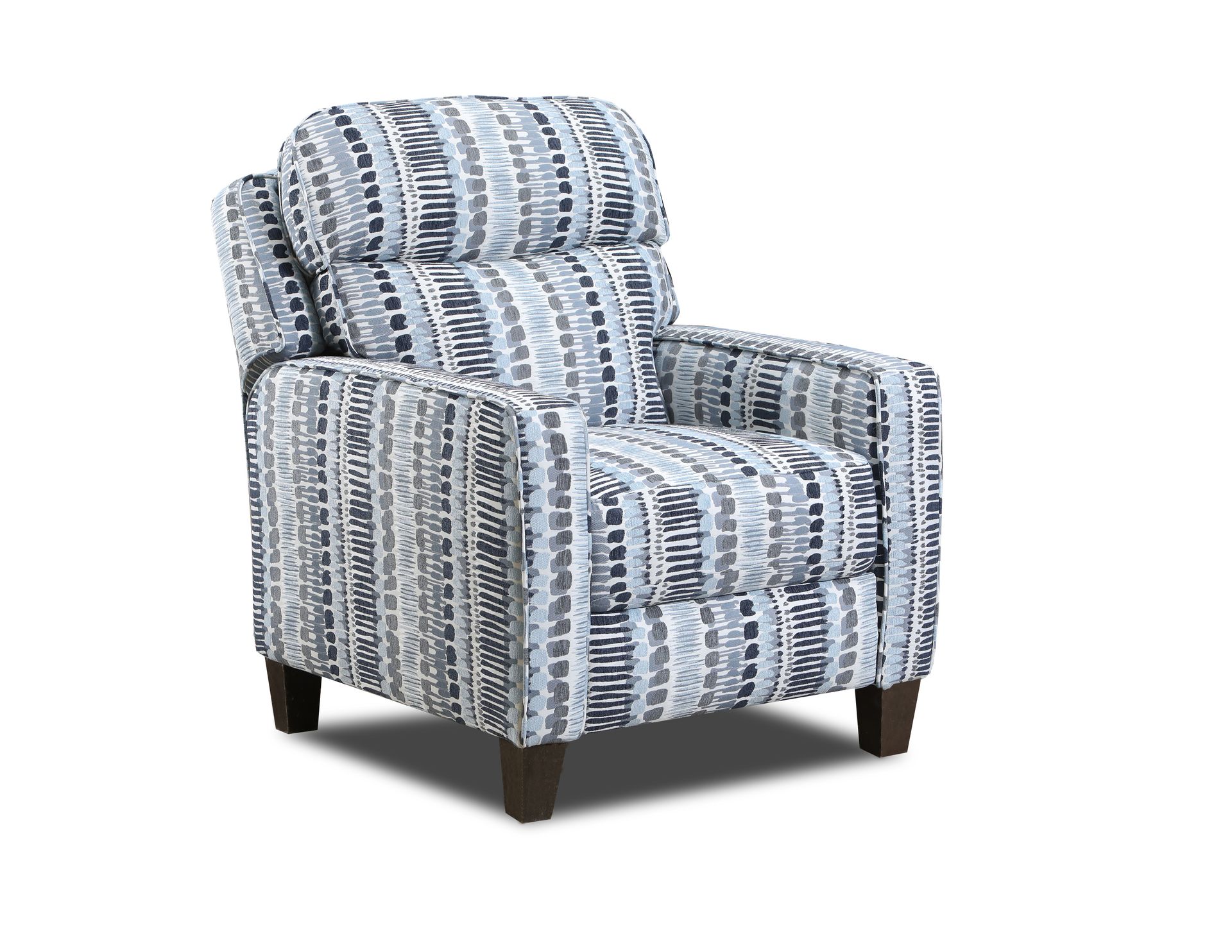 An armchair upholstered in a blue and white patterned fabric with dark wooden legs.