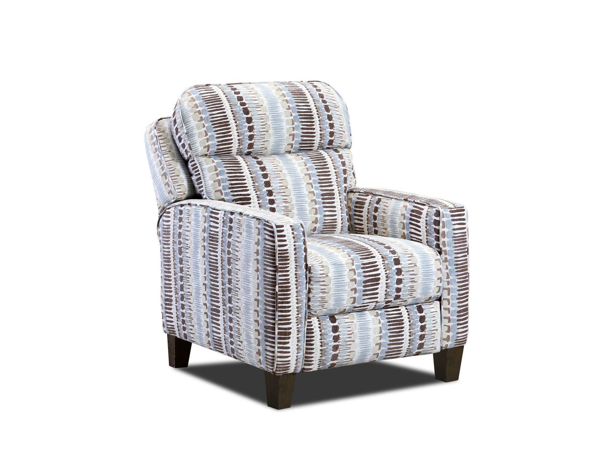 An armchair upholstered in a vertical striped pattern of light blue, grey, and brown, featuring dark wooden feet.