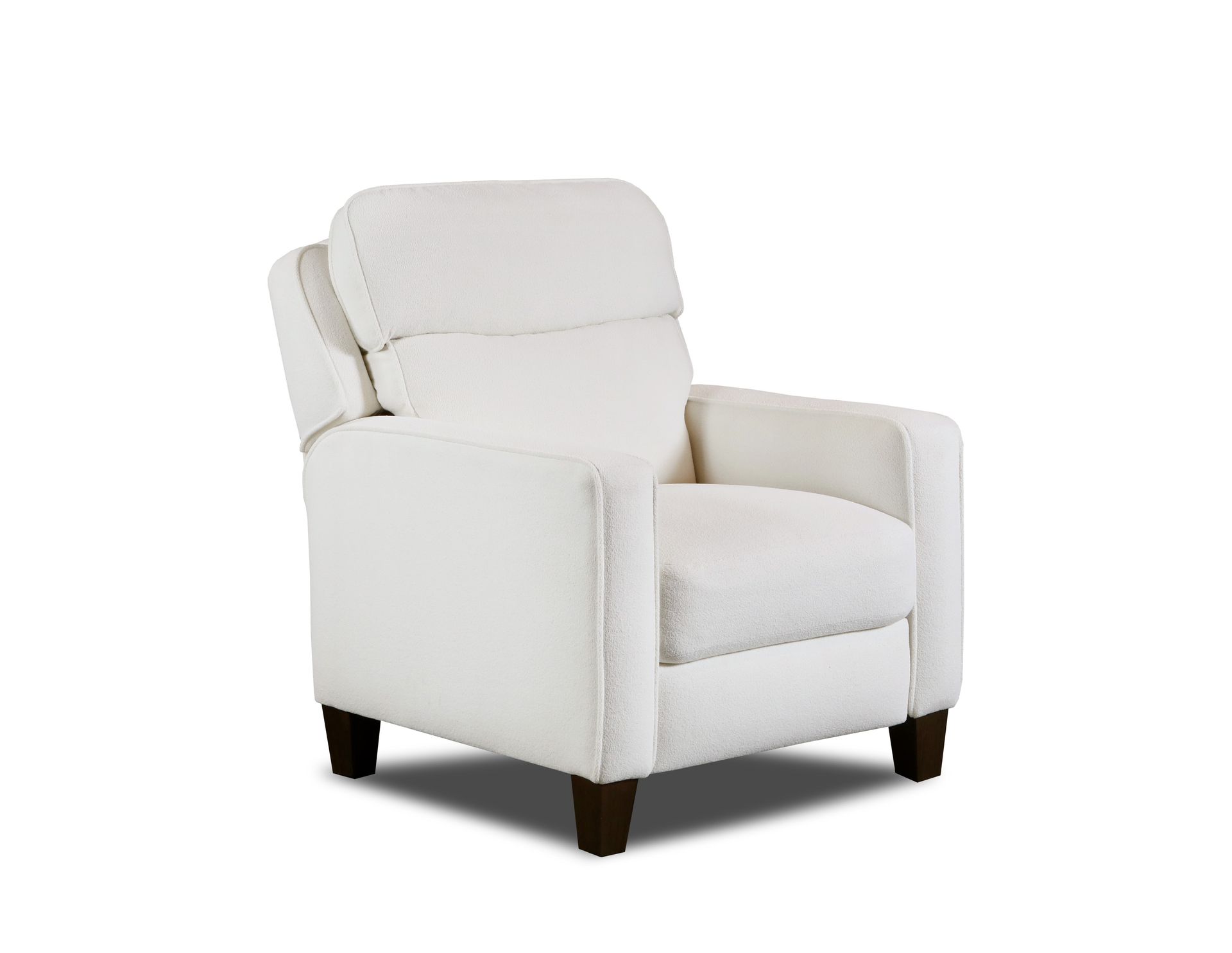 Off-white upholstered armchair with a tall back, track arms, and dark wood legs.