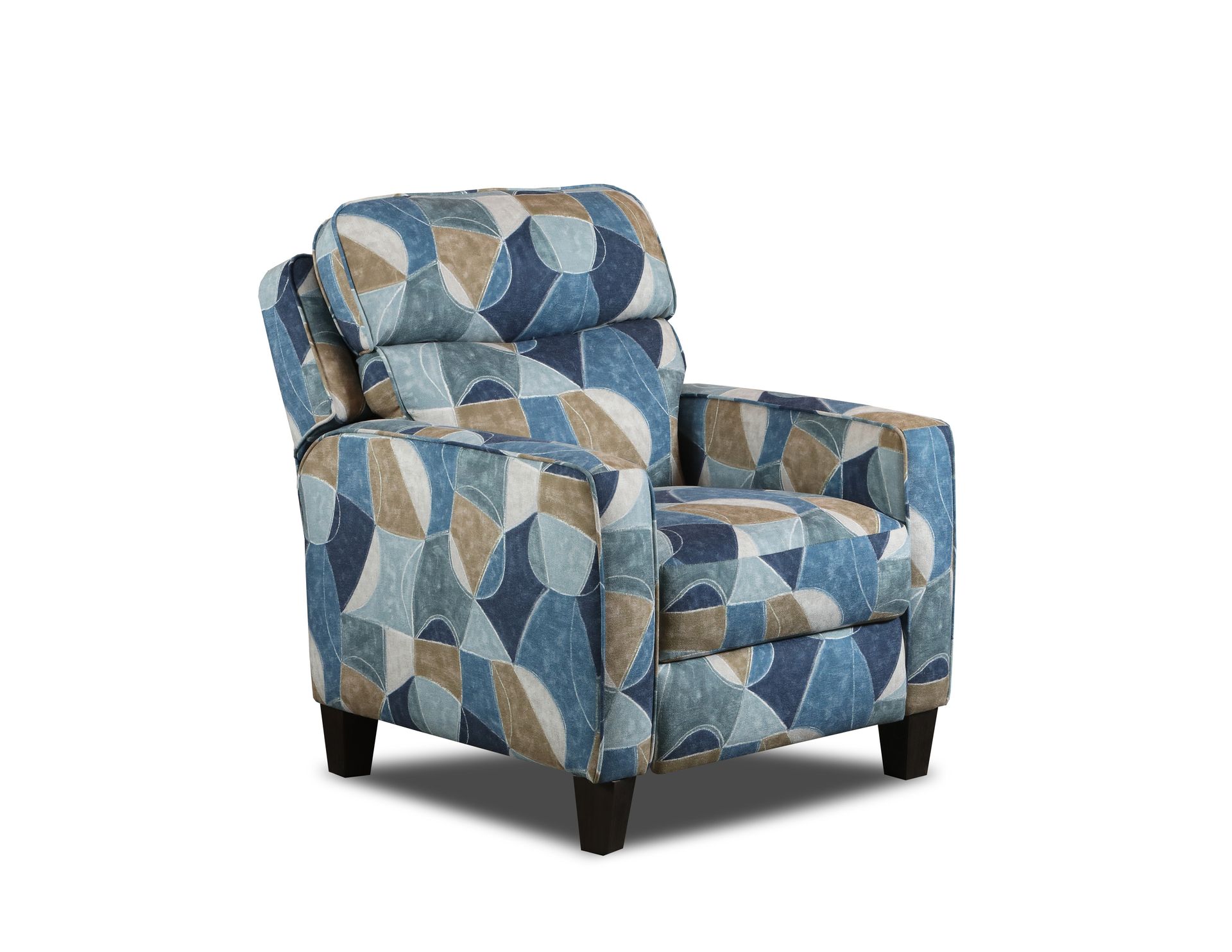 A patterned recliner chair in shades of blue and tan with dark wooden feet against a white background.