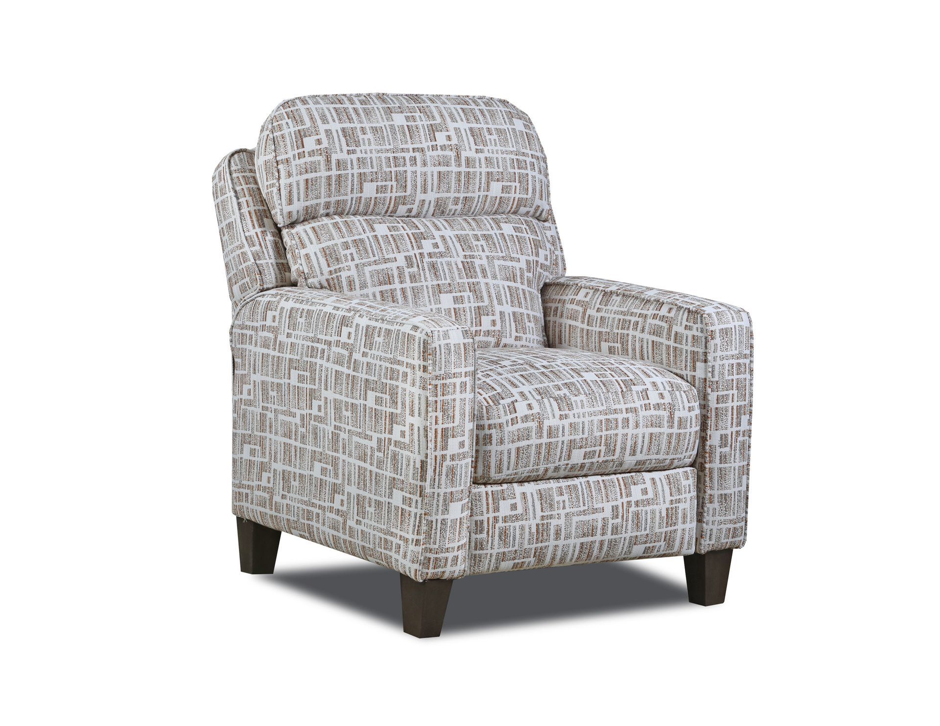 An armchair with an off-white and brown geometric pattern fabric, plush cushions, and dark square wooden legs.