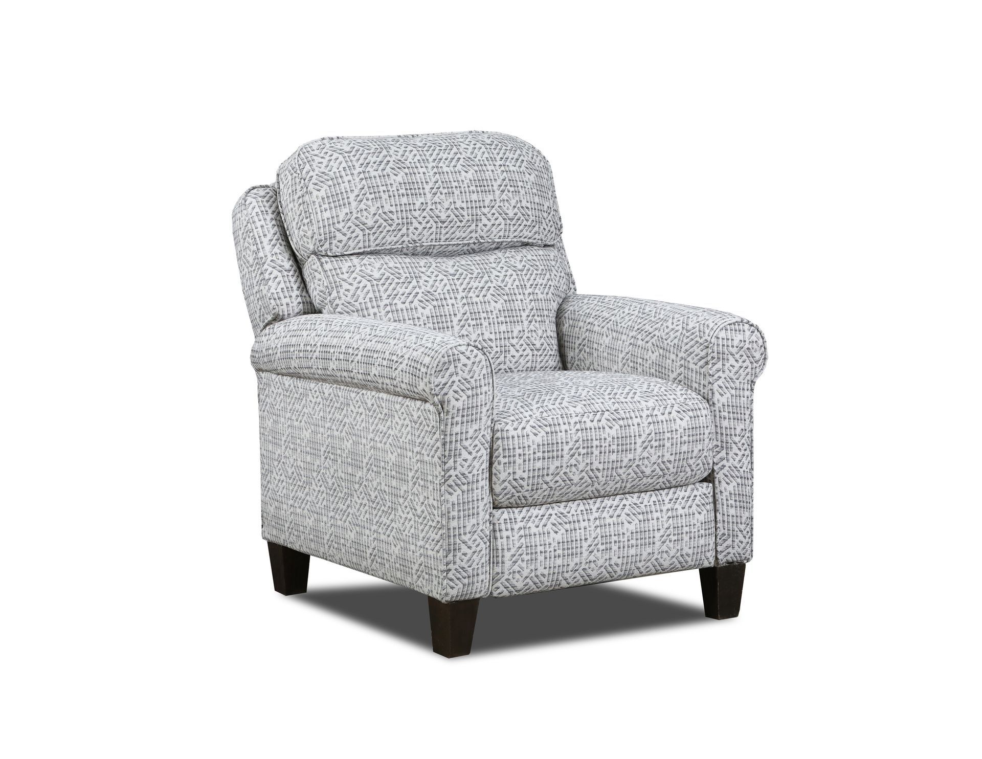 An armchair with a white and gray patterned fabric, rolled arms, and dark wooden feet on a white background.