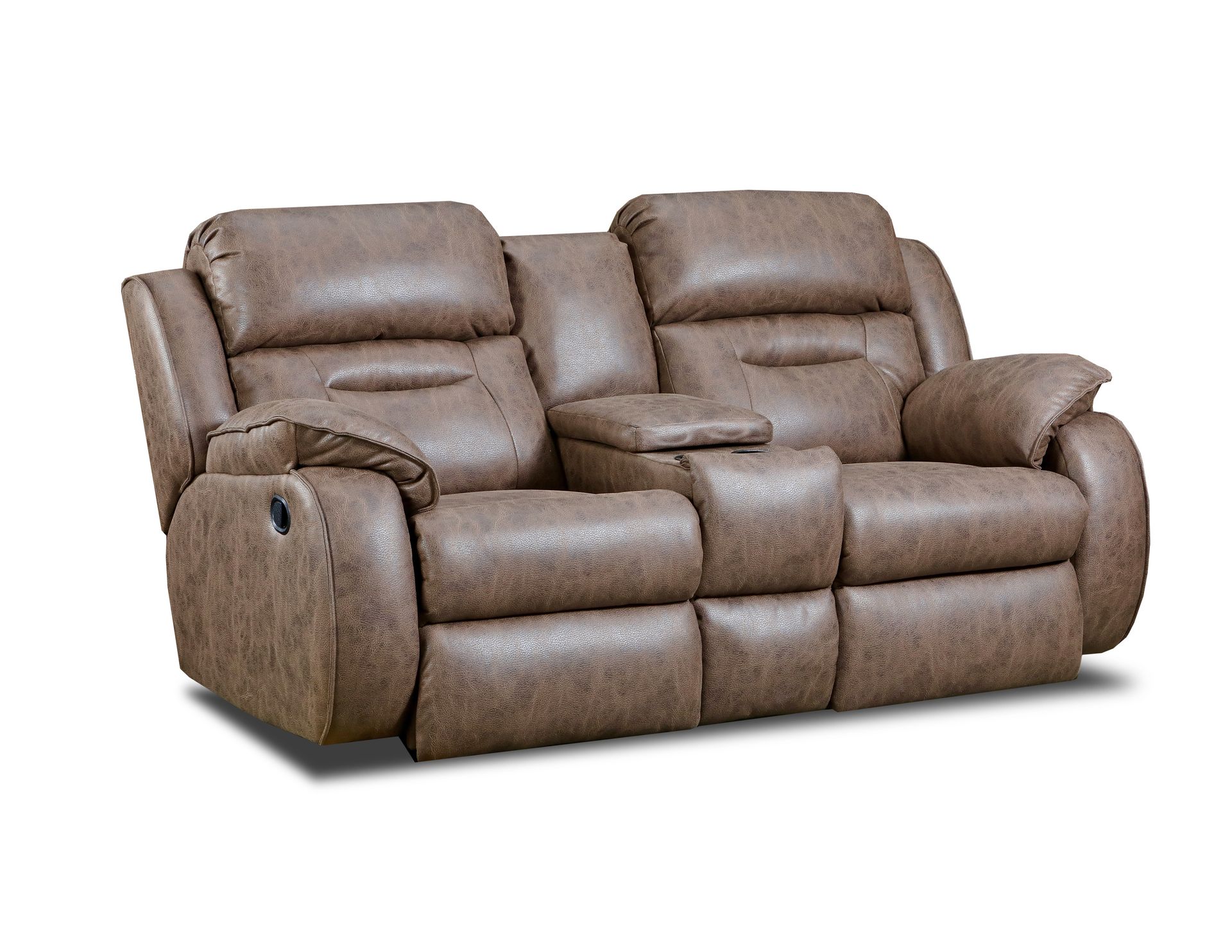 A tan, two-seater reclining loveseat with a center console, set against a plain white background.