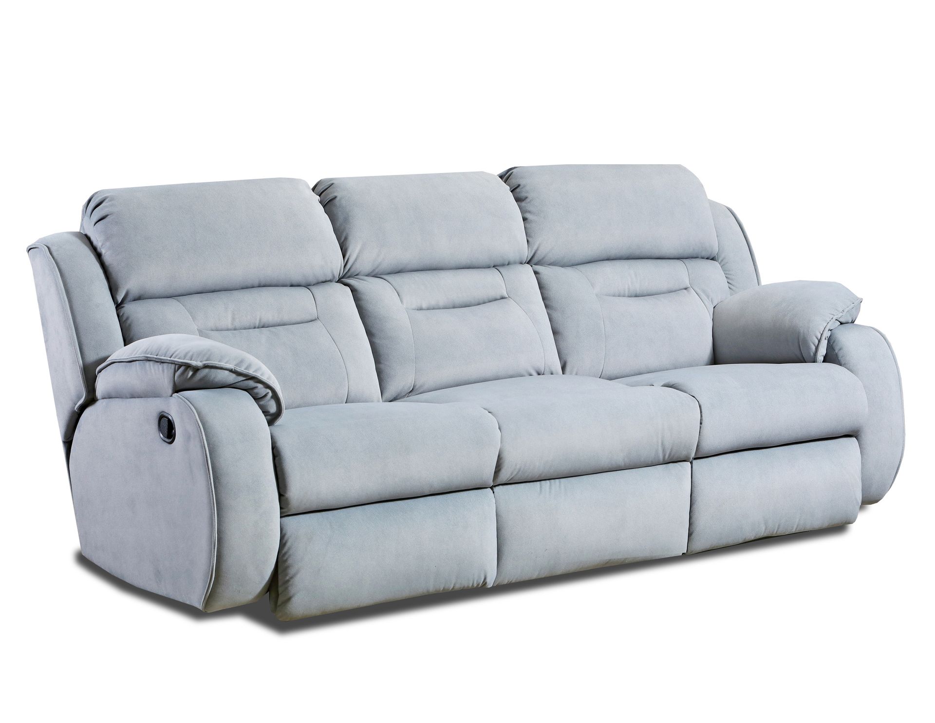 A light gray, three-seat reclining sofa with tufted back cushions and padded arms, set against a plain white background.