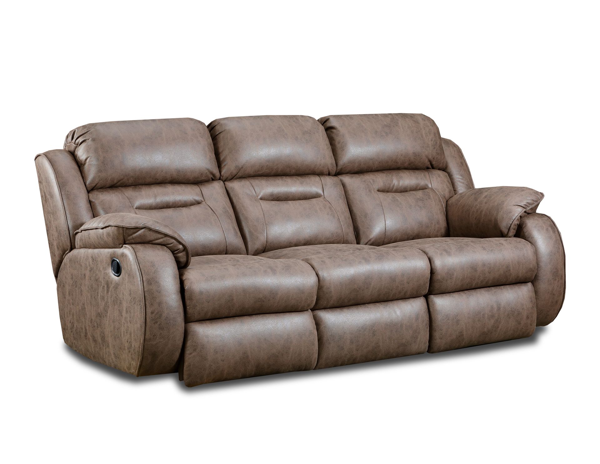 A brown, three-seat reclining sofa with tufted cushions, set against a plain white background.