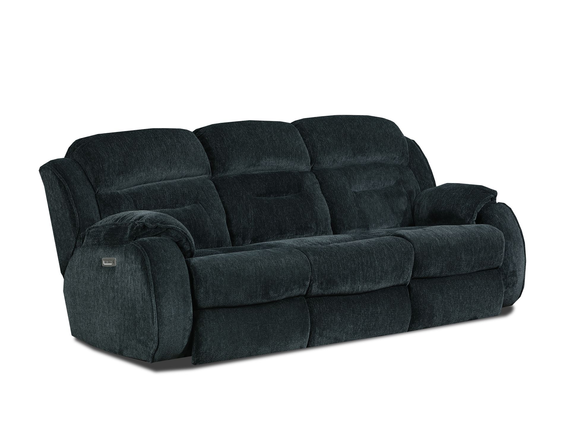 A dark gray, three-seat reclining sofa with tufted back cushions, shown against a plain white background.