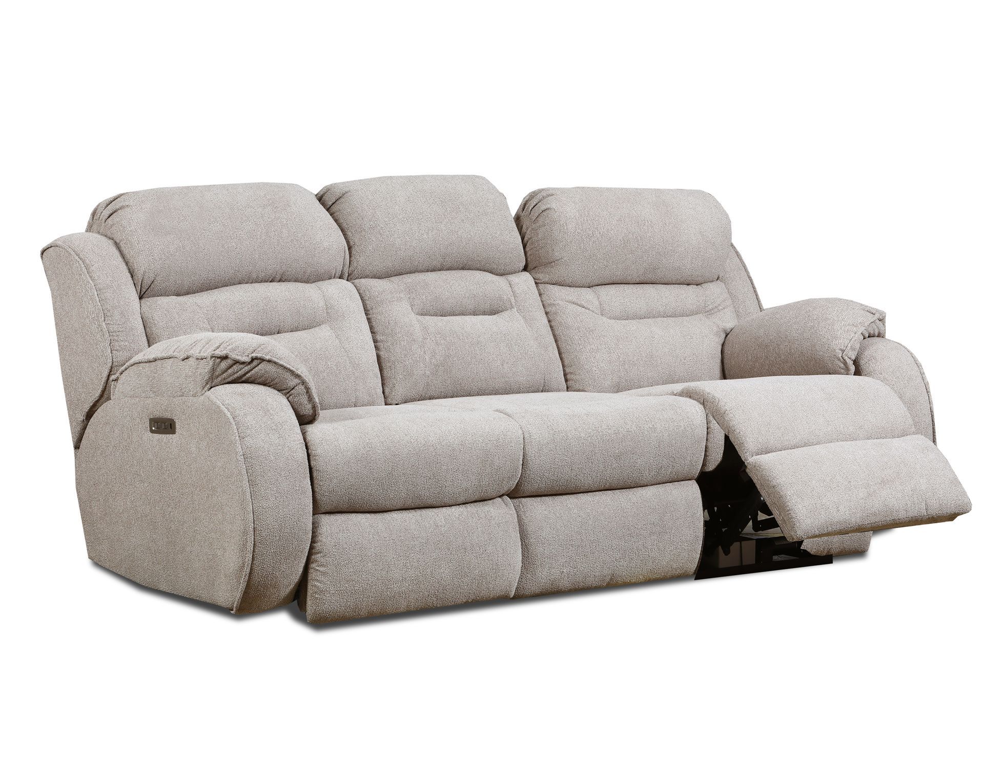 A light gray, three-seat reclining sofa with one end extended outward against a plain white background.