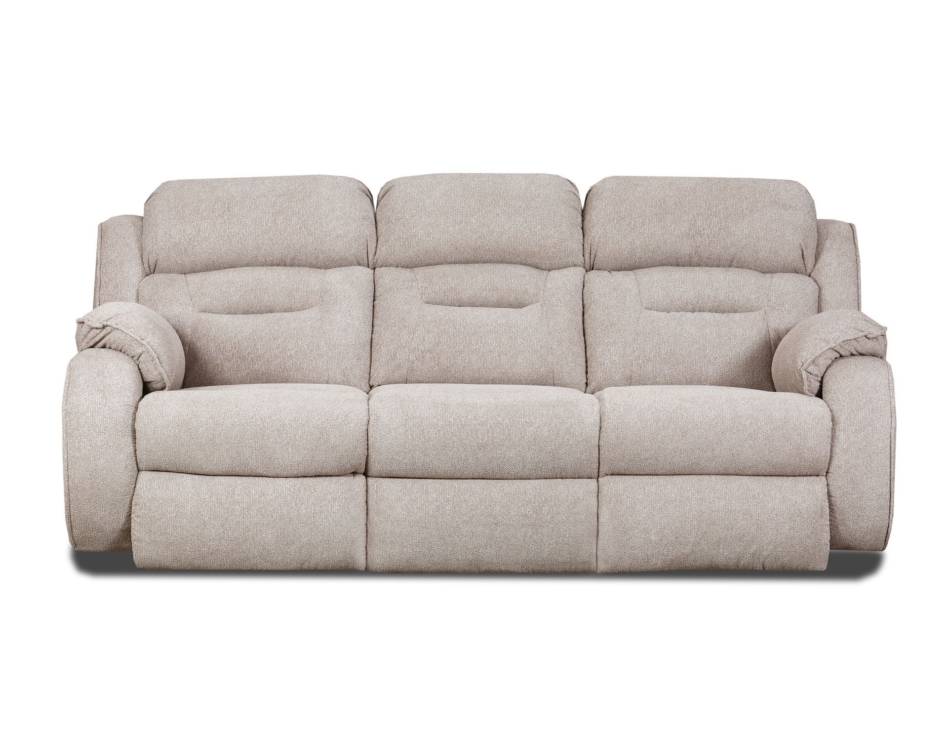 A three-seat beige fabric reclining sofa with thick, cushioned backrests and padded armrests.