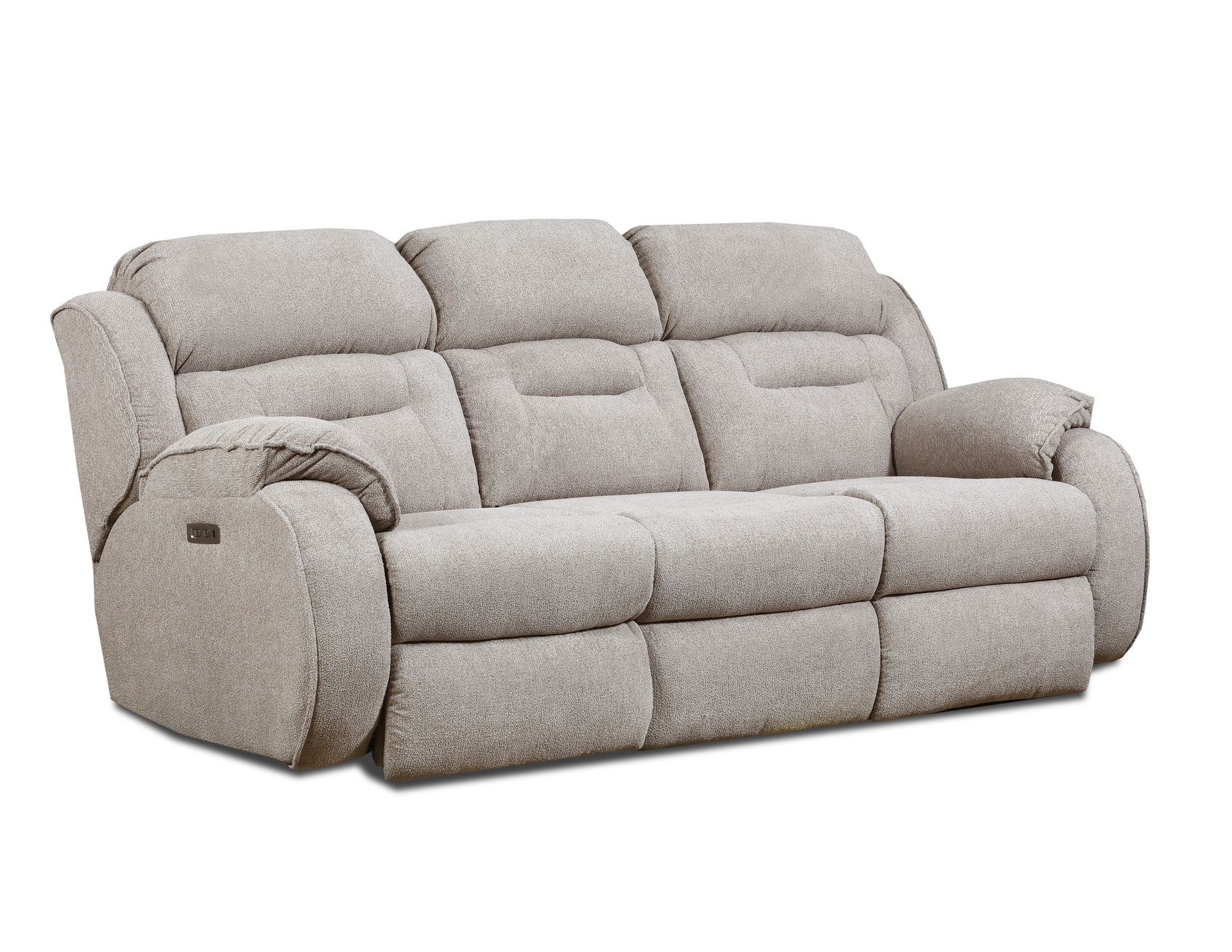 A light beige, three-cushion reclining sofa with cushioned arms and a textured fabric finish.