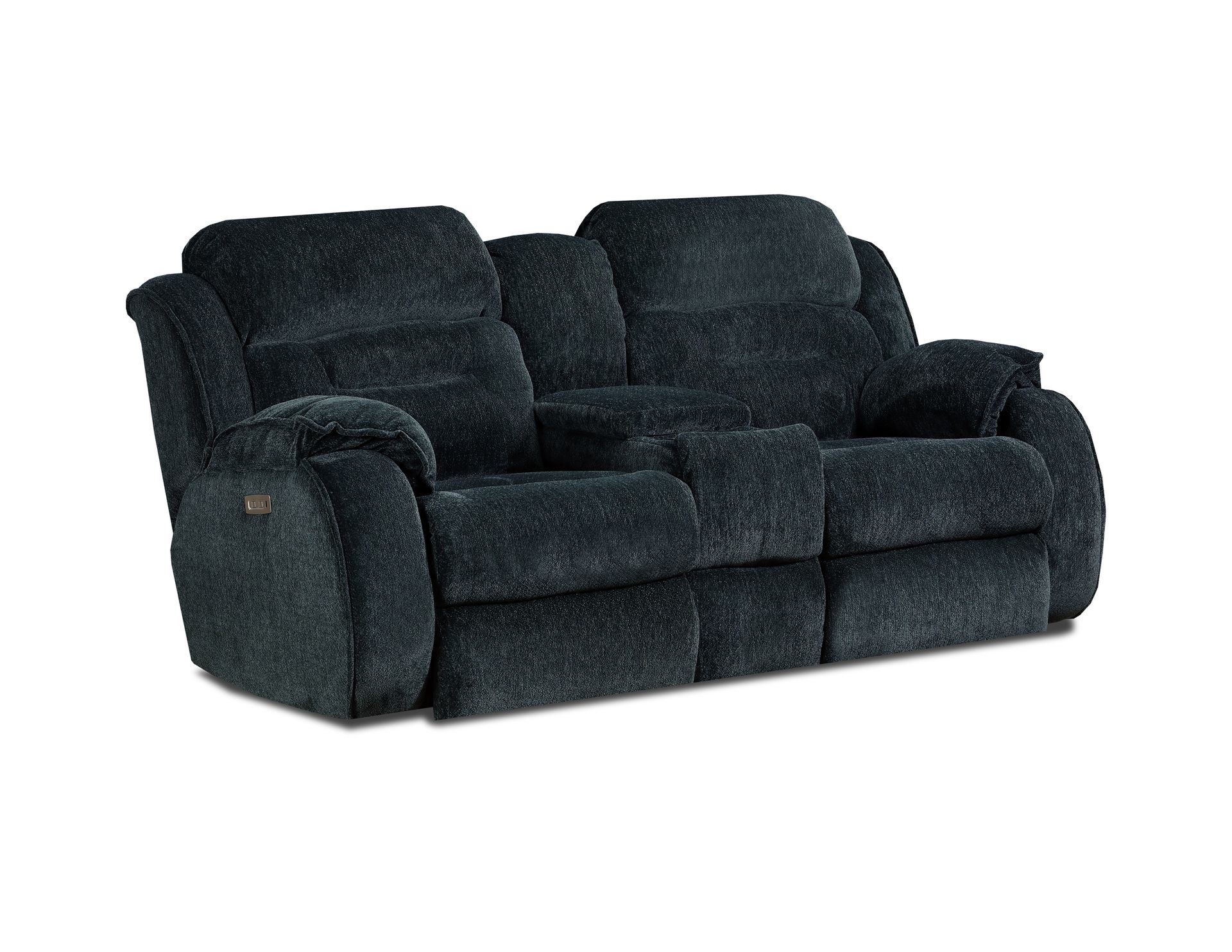 A dark charcoal-colored, two-seat reclining loveseat with a center console, set against a white background.