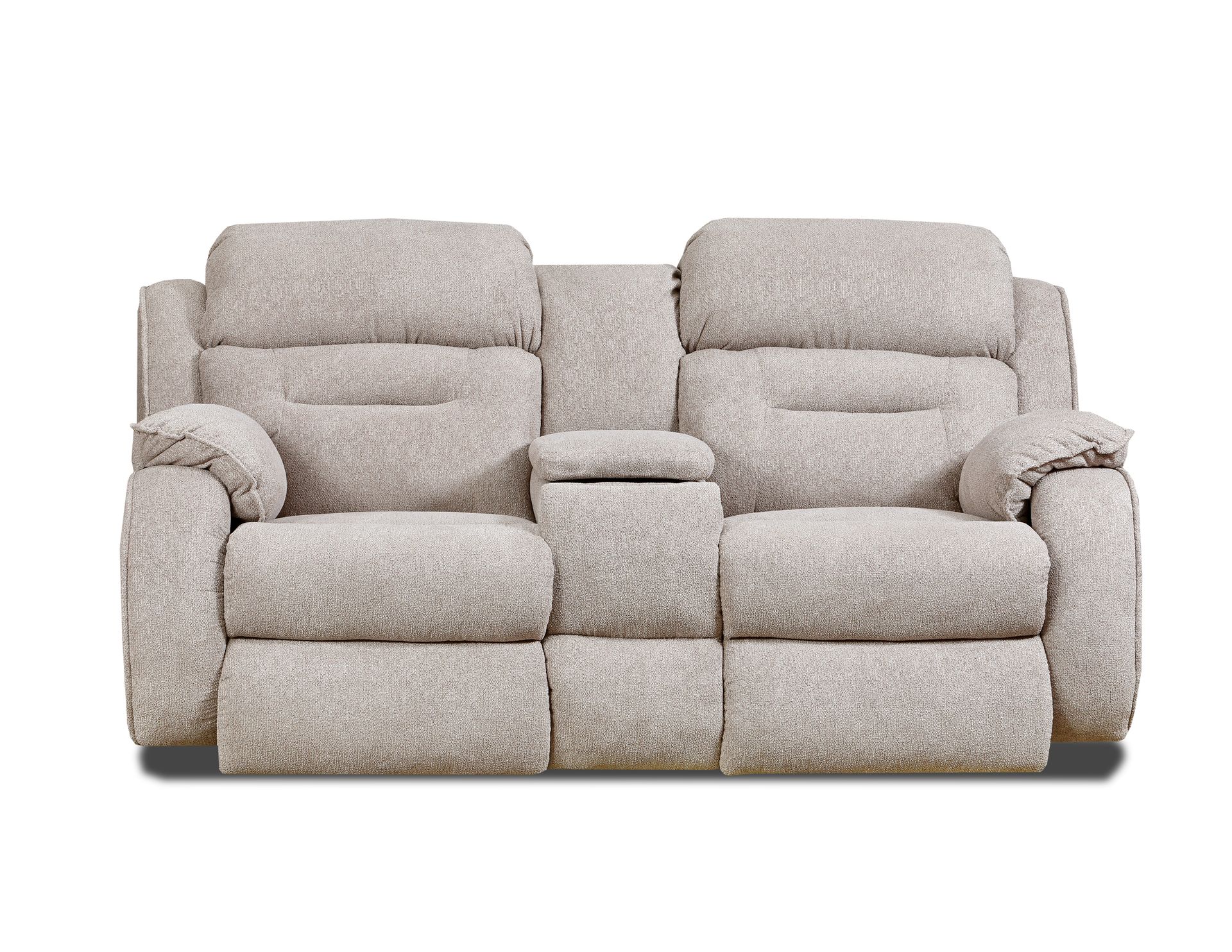 Light beige, fabric, two-seat reclining loveseat with a central storage console.