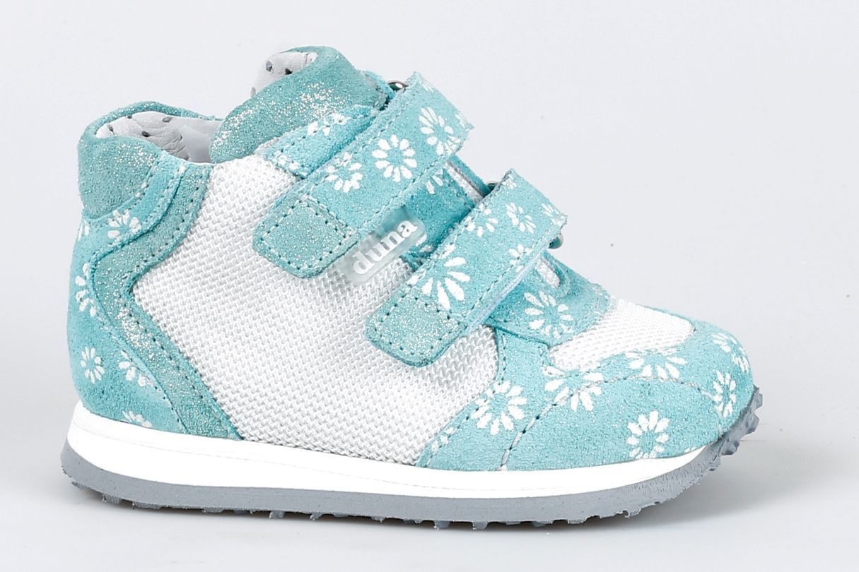 נעלי פעוטות בצבע טורקיז ולבן עם דוגמת חינניות ורצועות ולקרו.