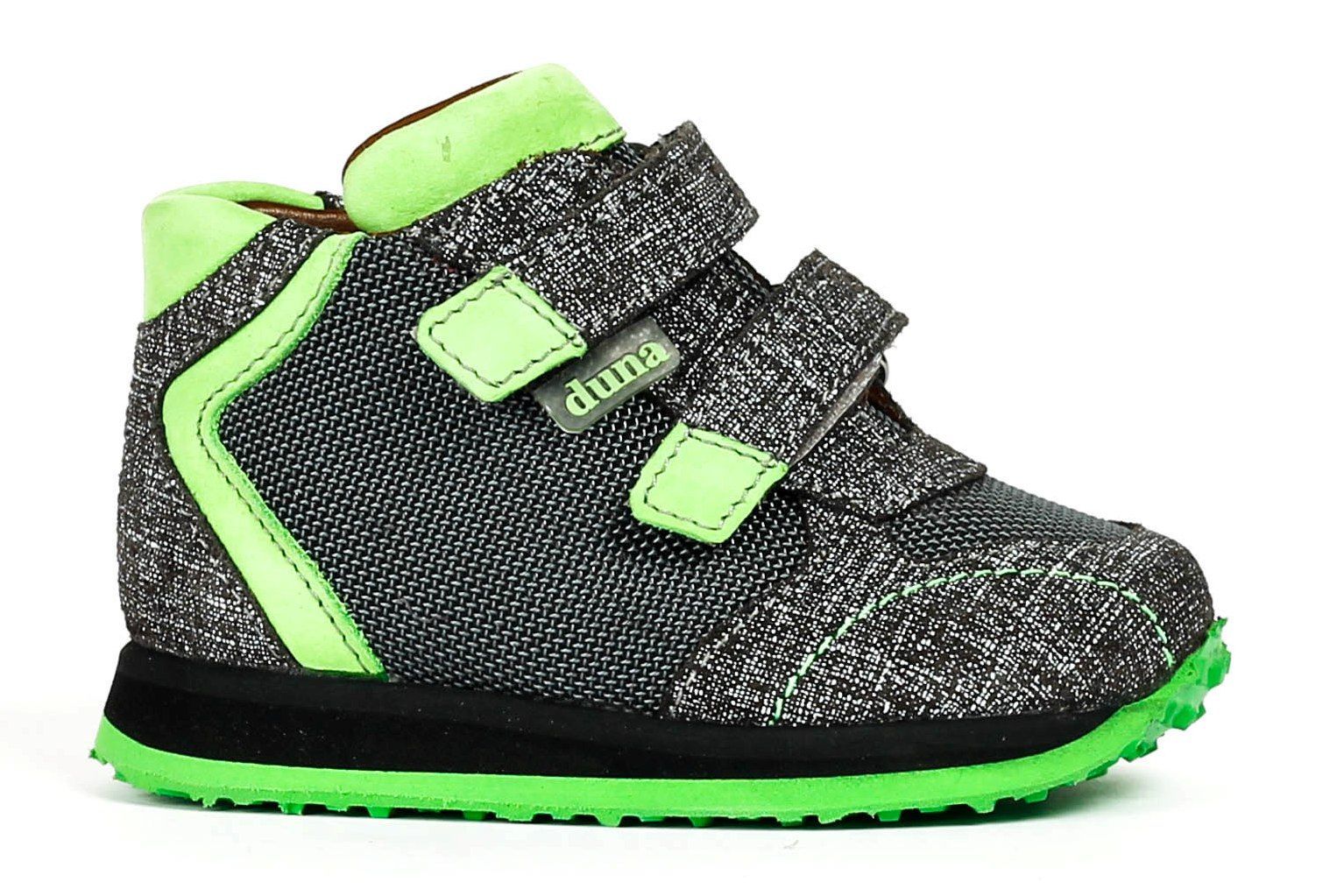 נעל לפעוטות בצבעים אפורה וירוקה עם שתי רצועות עם וו ולולאה.