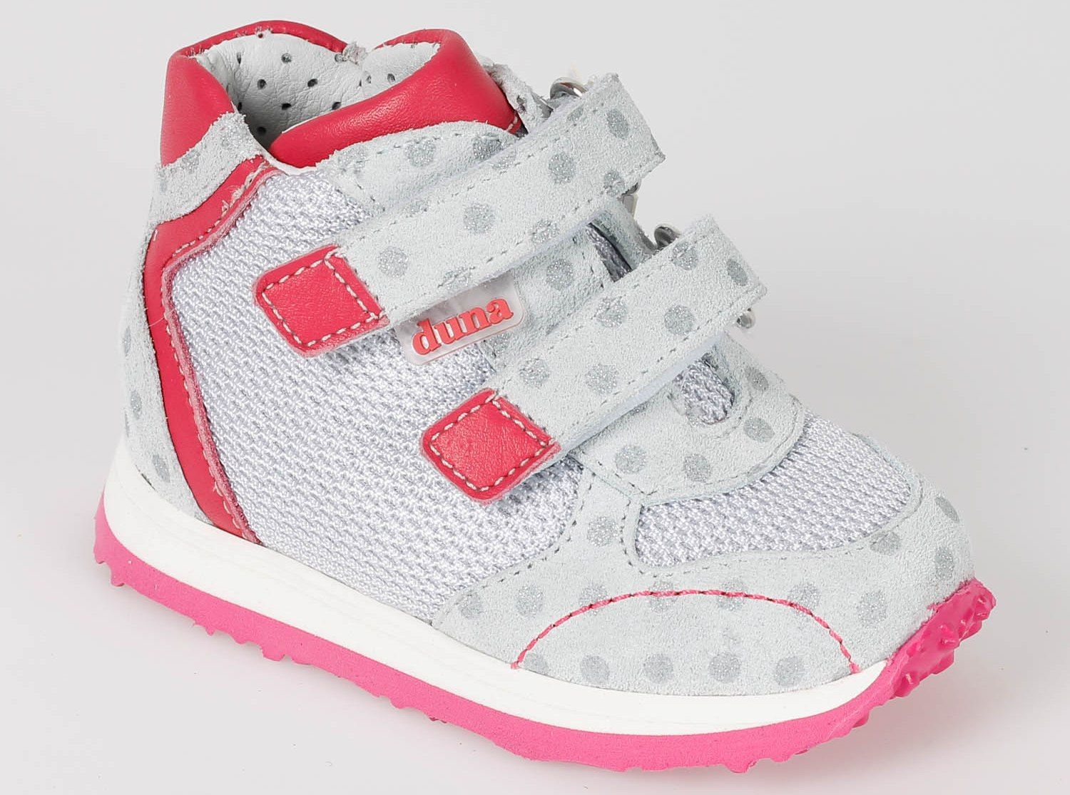 נעלי פעוטות בצבעי אפור וורוד עם רצועות ולקרו ונקודות פולקה.