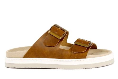 סנדלי פלטפורמה מעור חום עם שני אבזמים מתכווננים וסוליה לבנה.