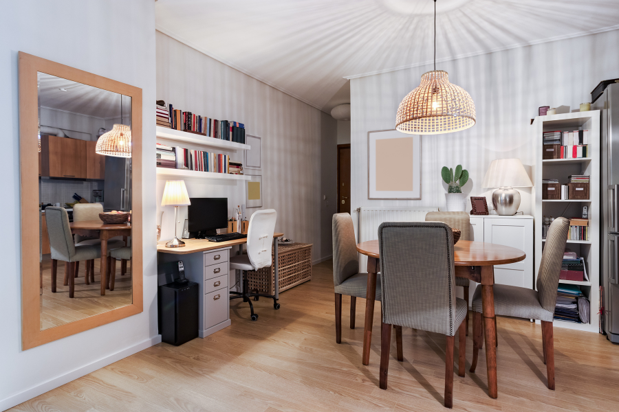 Open kitchen dining room with a desk