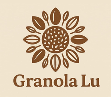 Logo for Granola Lu: brown sunflower design with the brand name in brown text below.