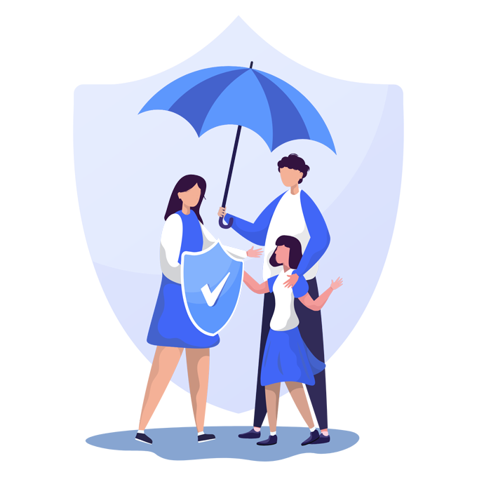 an illustration of a family holding an umbrella and a shield