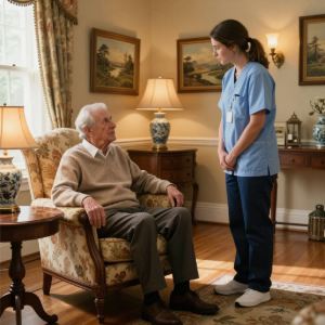 Nurse speaking with an elderly man in a cozy living room, beside a lamp and framed paintings.