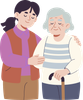 Two people walking together, one supporting the other with a cane