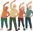 Four people standing and stretching with one arm raised, wearing colorful casual clothes.