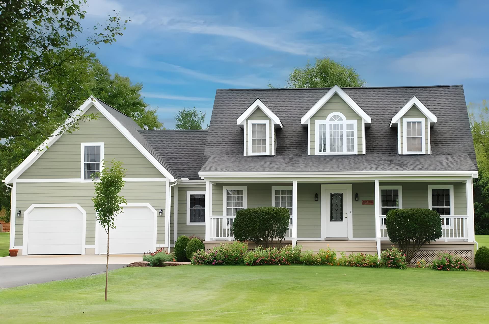 A large house with a gray roof, light green siding and white trim