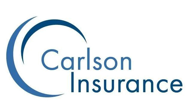 Carlson Insurance logo with blue curved lines, and blue text.
