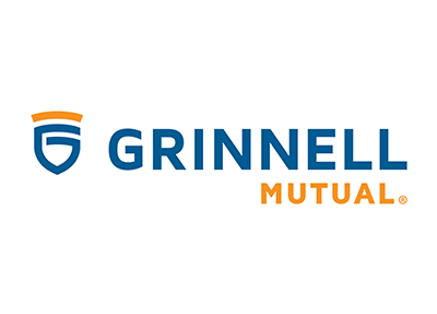 Grinnell Mutual logo: blue and orange shield with 