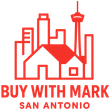 A red and white logo for buy with mark san antonio