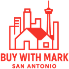 A red and white logo for buy with mark san antonio