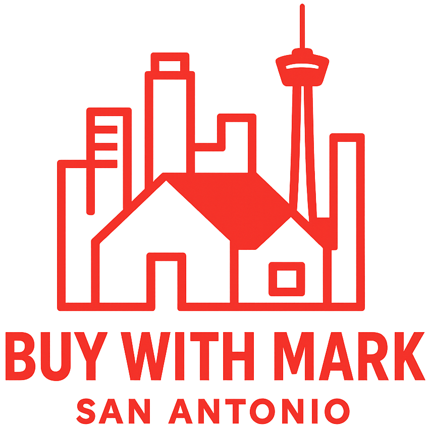 A red and white logo for buy with mark san antonio