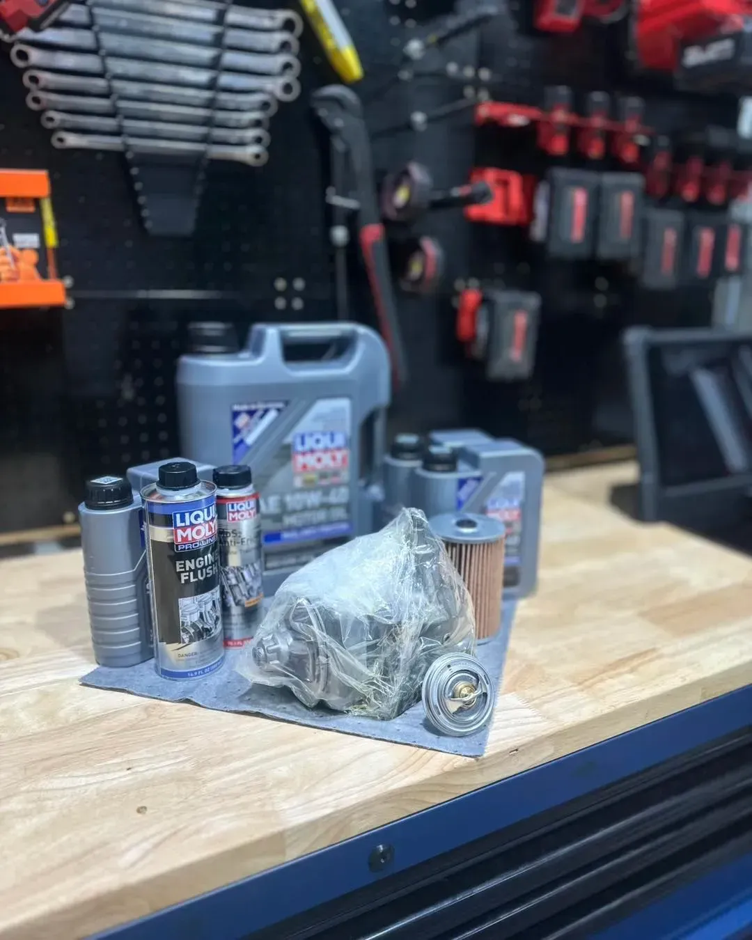 Liqui Moly oil and filters on a workbench | Konstant Autowerks