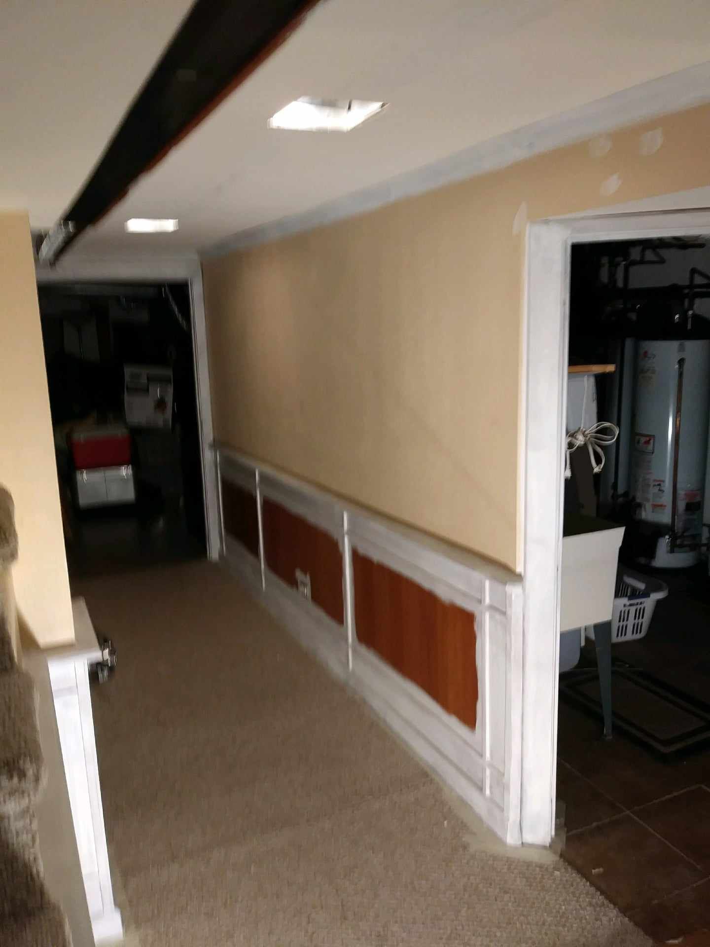 Hallway with tan carpet, tan walls, white trim, and a brown wainscot.