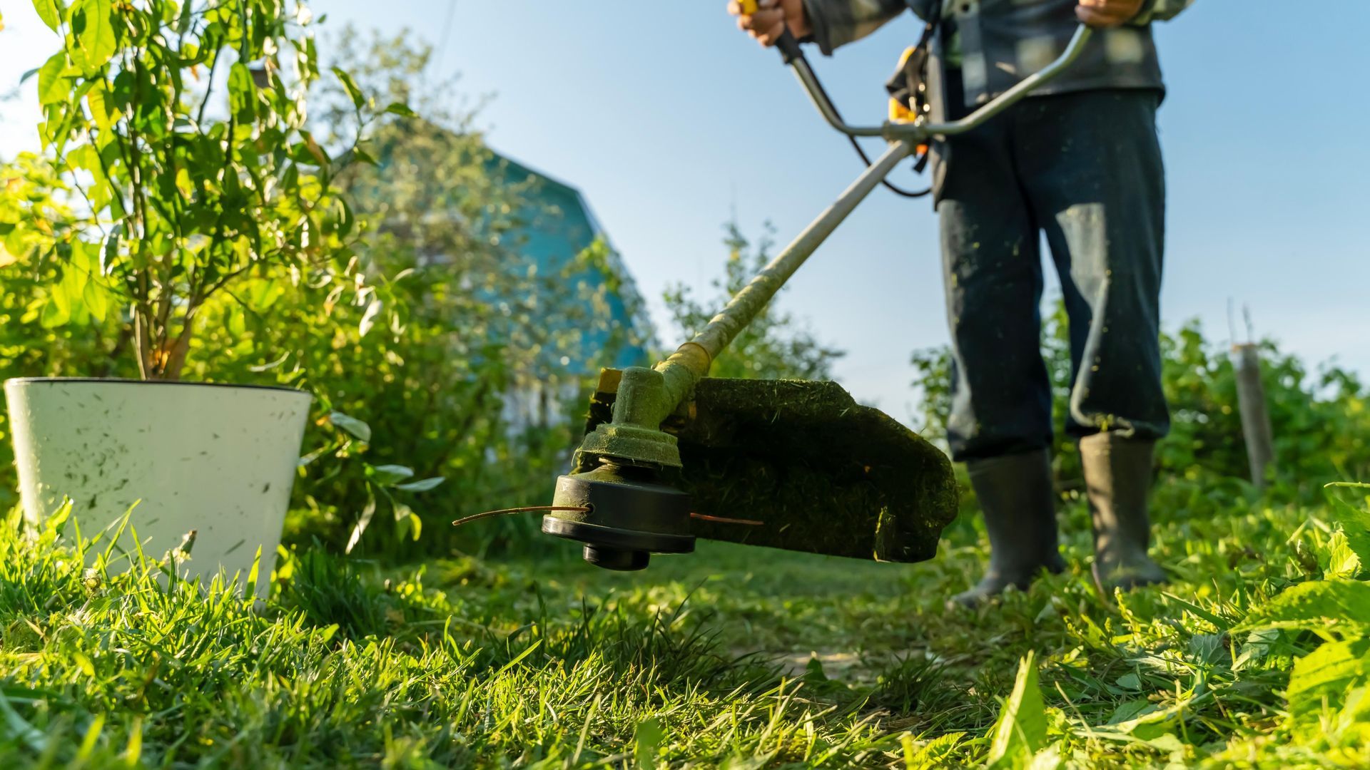 A man is cutting grass with a lawn mower in a garden.