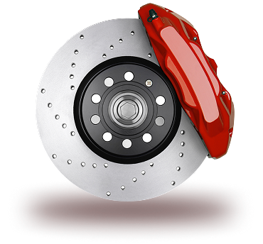 A red high-performance brake caliper mounted over a silver, cross-drilled vehicle brake disc. | Integrated Automotive