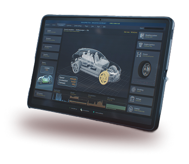 A tablet displaying a digital diagnostic interface with a 3D wireframe model of a car, focusing on wheel and chassis data. | Integrated Automotive