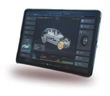 A tablet displaying a digital diagnostic interface with a 3D wireframe model of a car, focusing on wheel and chassis data. | Integrated Automotive