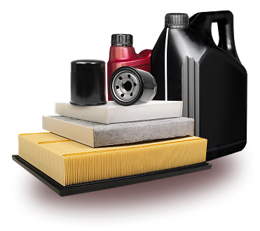 A collection of automotive maintenance supplies including oil filters, a bottle of motor oil, and three flat air filters. | Integrated Automotive