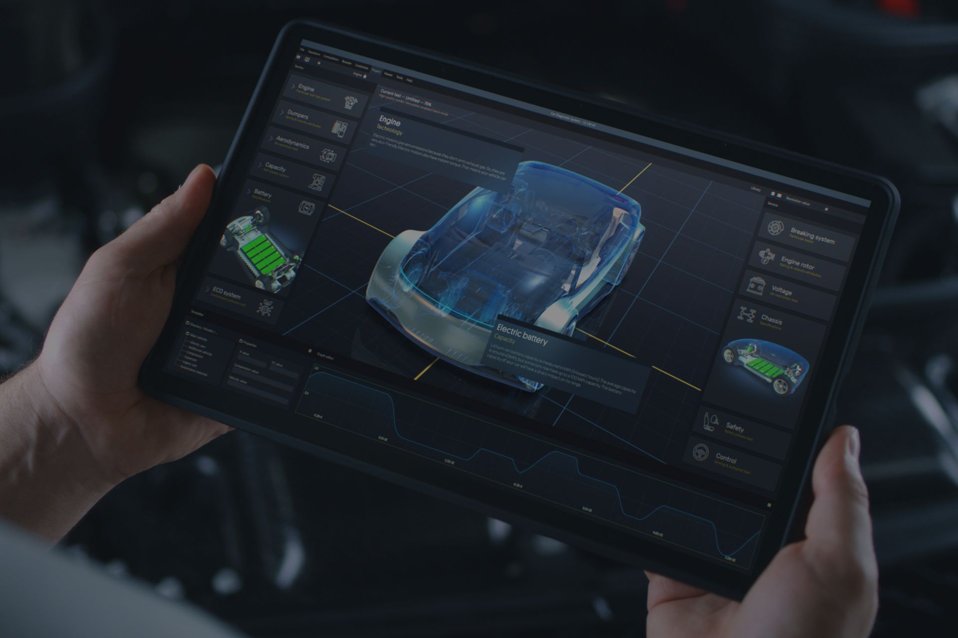 Person holding tablet displaying a 3D model of a car with data visualization. | Integrated Automotive