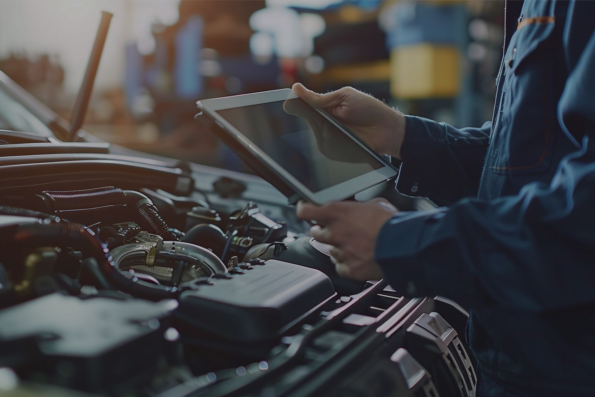Mechanic using a tablet to diagnose a car engine in a garage. | Integrated Automotive
