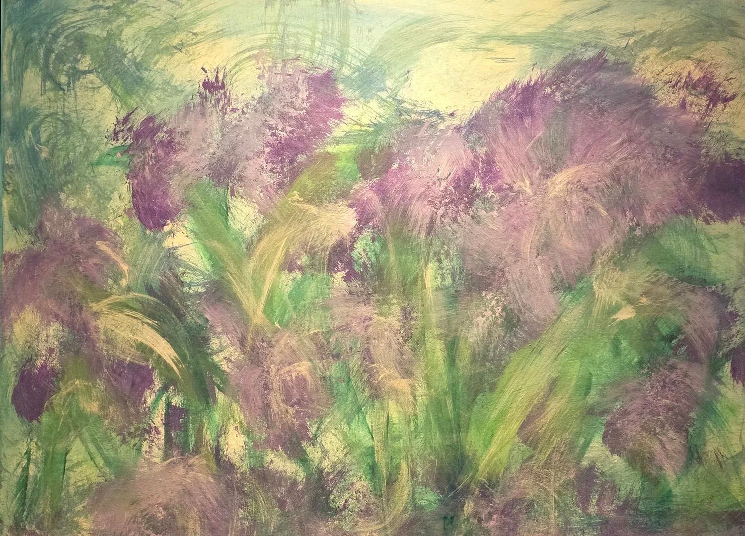 Impressionist painting of vibrant purple flower clusters nestled among lush green foliage and soft yellow light.