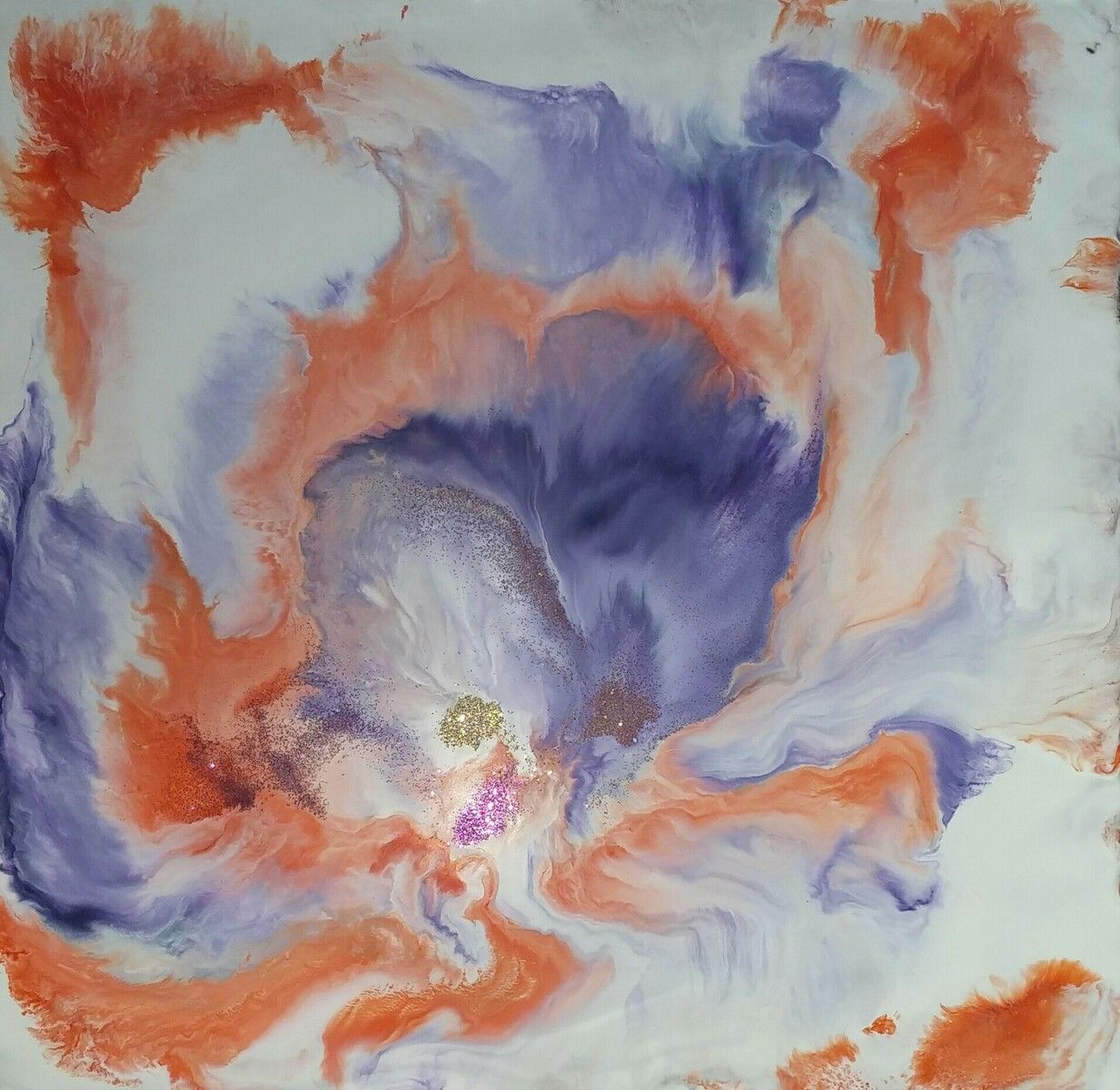 Abstract painting featuring swirling clouds of orange and purple on a white background with small touches of gold glitter.