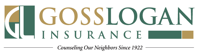 Logo for Gosslogan Insurance, featuring a green and gold monogram, company name, and the tagline 