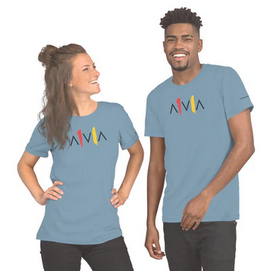 Two people wearing light blue T-shirts featuring a minimalist logo with a red line and a yellow bar in the center.