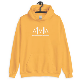 A mustard yellow hoodie with a white 