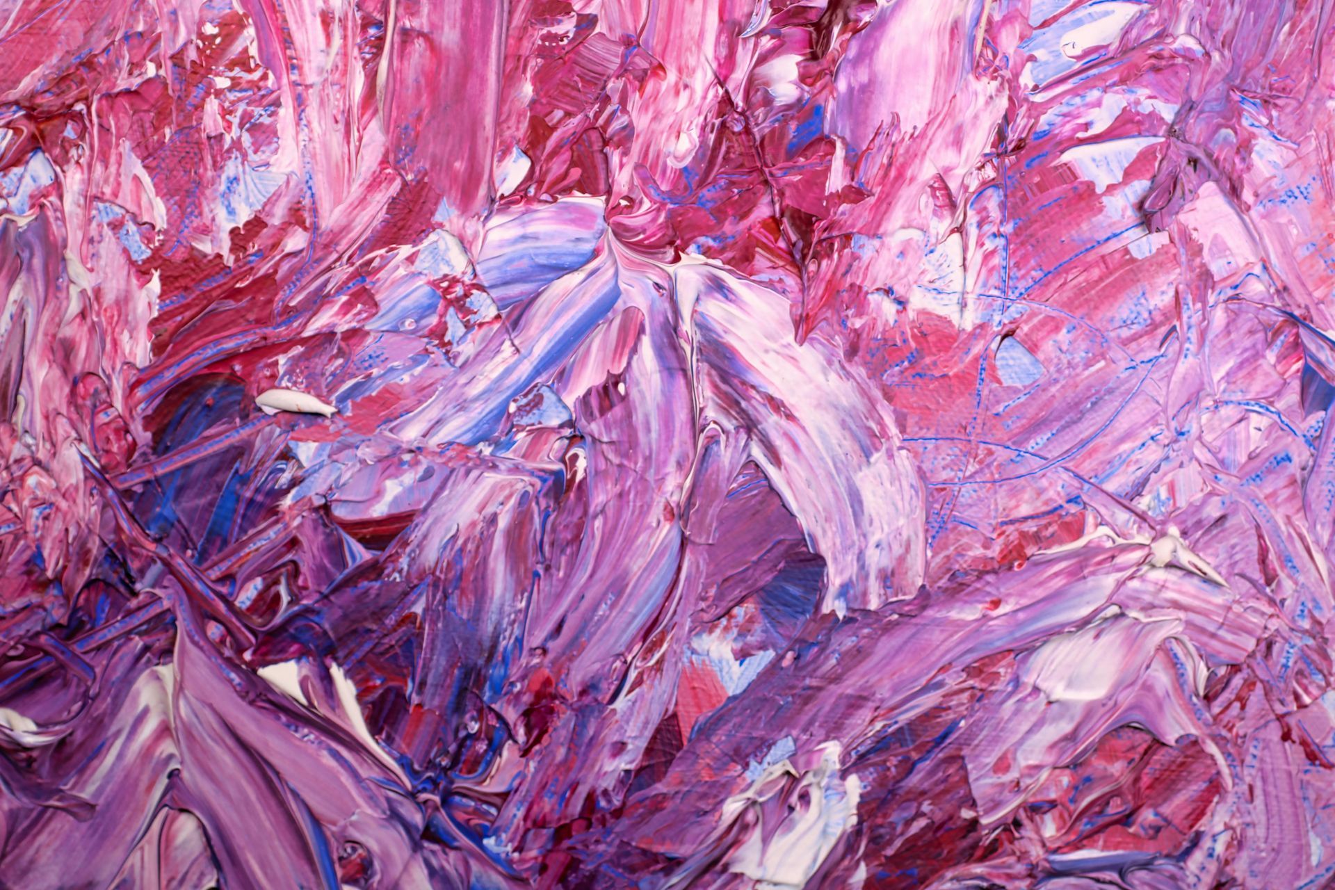 An abstract oil painting featuring textured, thick brushstrokes in varying shades of magenta, violet, and light purple.