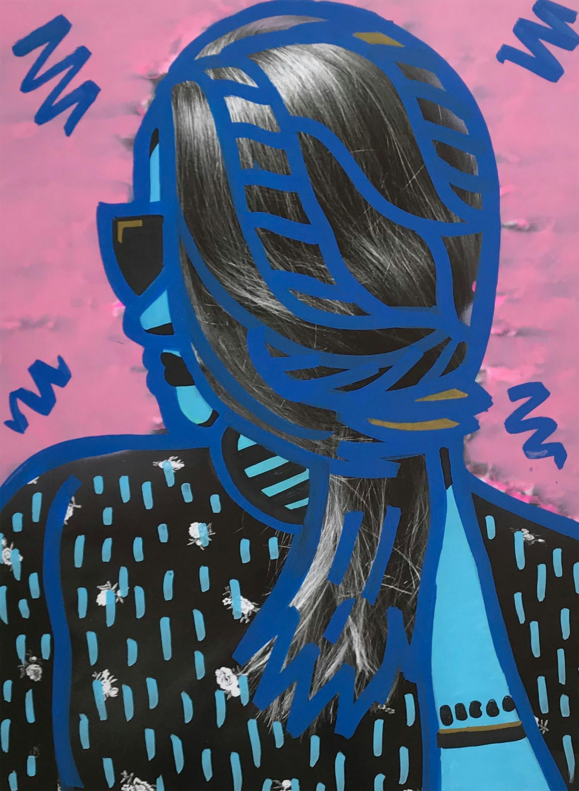 A stylized, vibrant illustration of a figure with long hair wearing sunglasses against a textured, pink background.